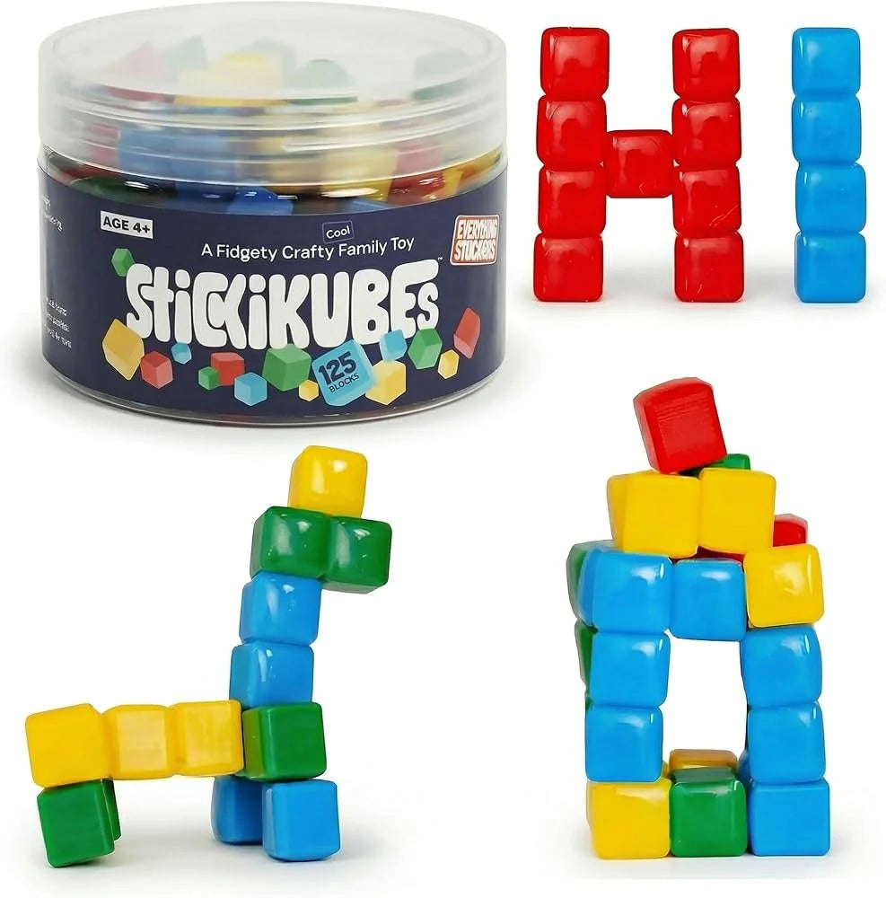 Colorful fidget cube toys with 'Stickikubes' container and letter 'H' and number '40' structures.