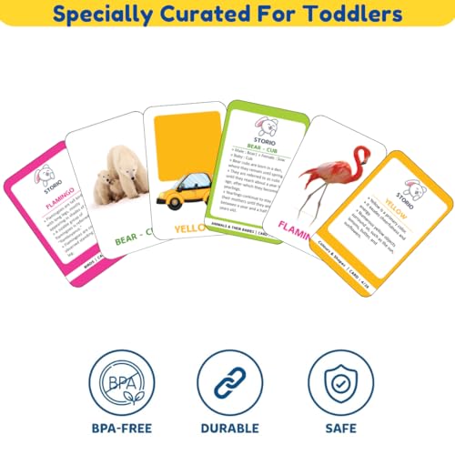 Educational cards for toddlers with colorful designs and text, featuring BPA-free, durable, and safe icons.