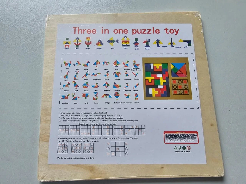 Three in one puzzle toy with instructions on a gray background