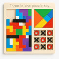 Three-in-one puzzle toy with colorful geometric shapes and tic-tac-toe grid on a beige background.