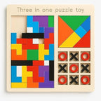 Three-in-one puzzle toy with colorful geometric shapes and tic-tac-toe grid on a beige background.