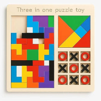 Three-in-one puzzle toy with colorful geometric shapes and tic-tac-toe grid on a beige background.