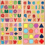 Set of colorful wooden alphabet, numbers, and shape puzzles.