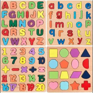 Set of colorful wooden alphabet, numbers, and shape puzzles.