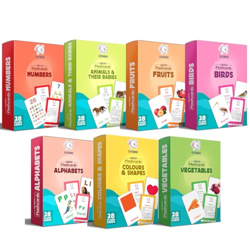 Set of educational flashcard boxes for numbers, animals, fruits, birds, alphabets, colors, shapes, and vegetables.