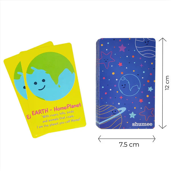 Two colorful books or cards with Earth and planet designs, one yellow and one blue, on a white background.