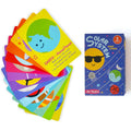 Colorful educational cards with solar system design and matching box on a white background