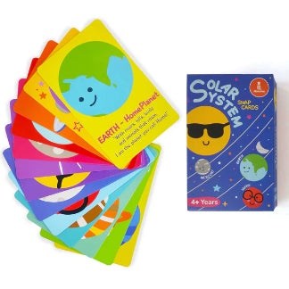 Colorful educational cards with solar system design and matching box on a white background