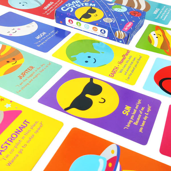 Educational cards about the solar system with colorful designs and text.