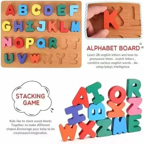 Wooden alphabet board with colorful letters and a hand placing a letter 'K'.