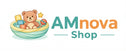 Logo of AMnova Shop with a teddy bear and toys in a bowl on a white background