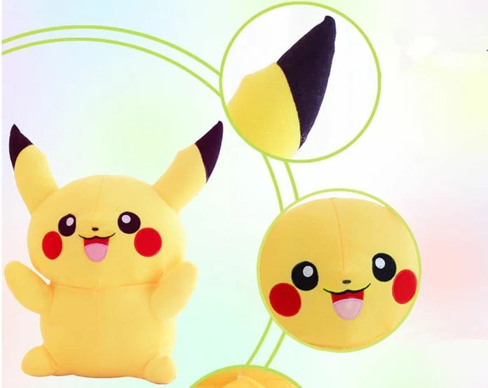 Plush toy of Pikachu with close-up of head on a light green background