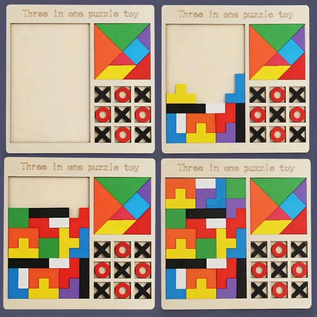 Four panels of a three-in-one puzzle toy with different geometric patterns and symbols.