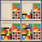 Four panels of a three-in-one puzzle toy with different geometric patterns and symbols.