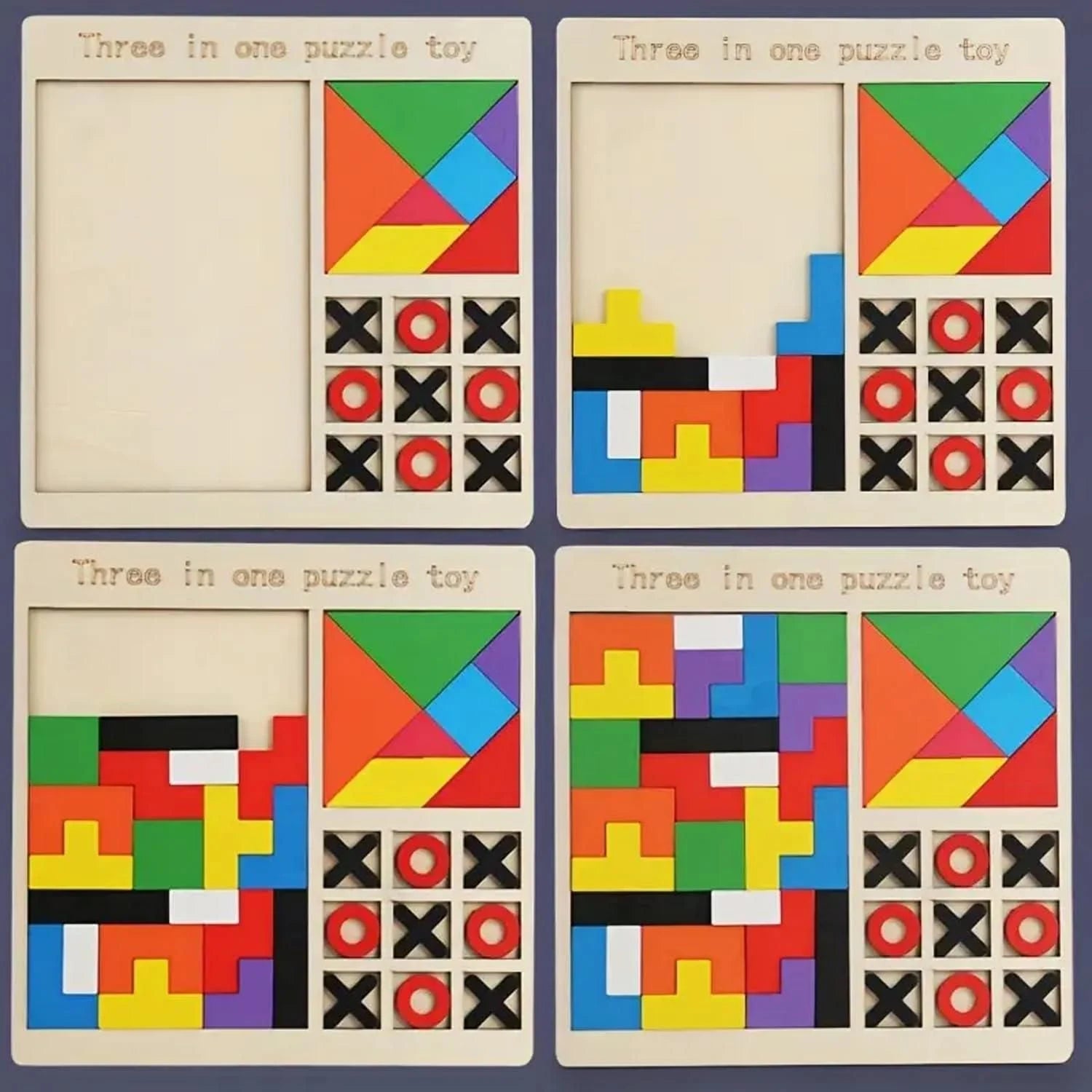 Four panels of a three-in-one puzzle toy with different geometric patterns and symbols.