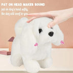 White plush dog toy with a hand patting its head on a beige background
