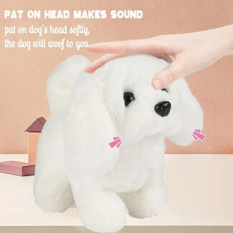 White plush dog toy with a hand patting its head on a beige background