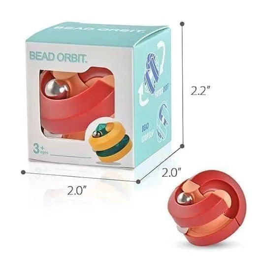 Bead Orbit toy with packaging and dimensions on a white background