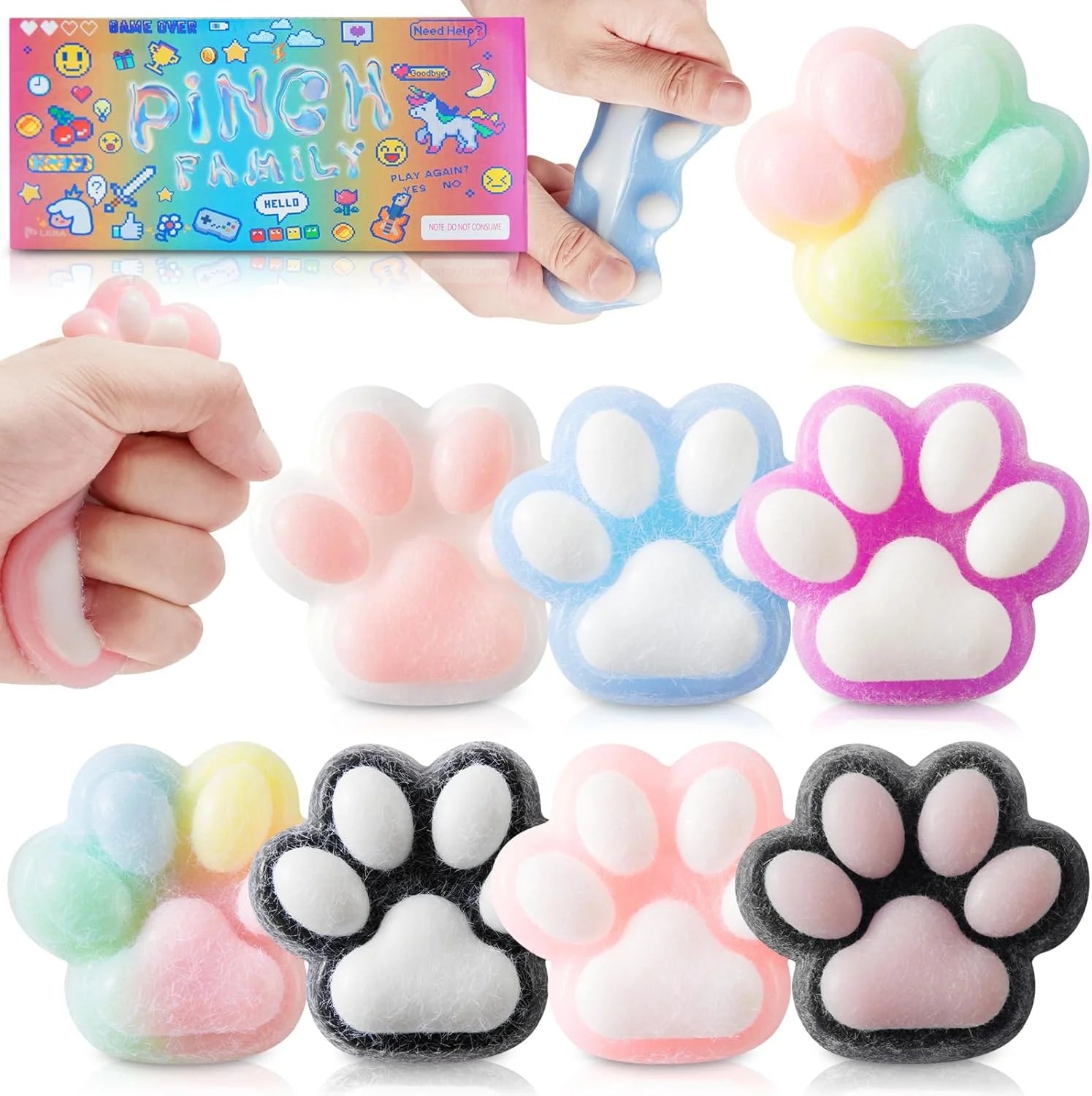 Colorful paw-shaped squishies with packaging and hands squeezing them.