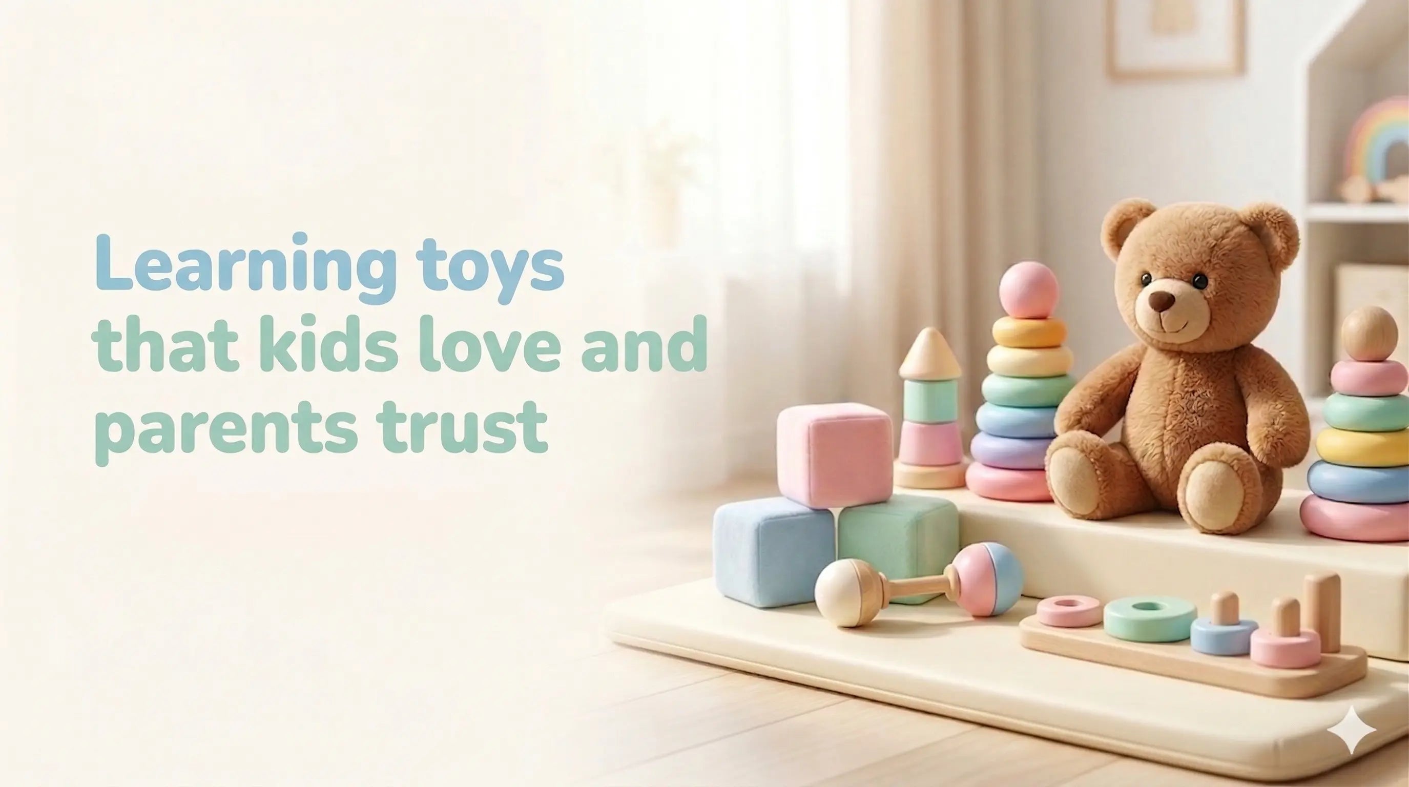Colorful toys including a teddy bear and geometric blocks on a wooden surface with a light background.