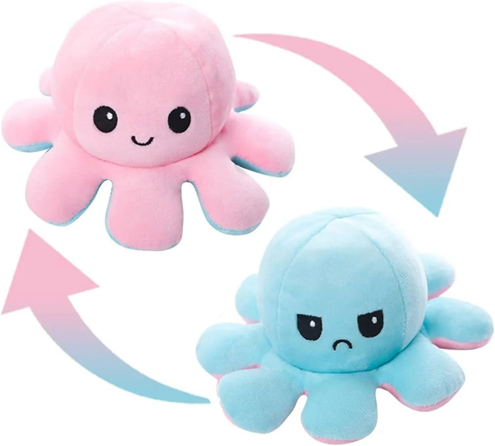 Two plush octopus toys, one pink and one blue, with a smiley face on a white background.