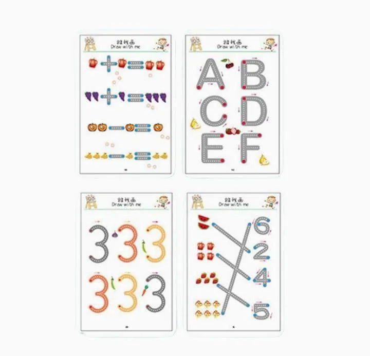 Set of educational stickers with numbers, letters, and basic math symbols on a white background.