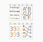 Set of educational stickers with numbers, letters, and basic math symbols on a white background.