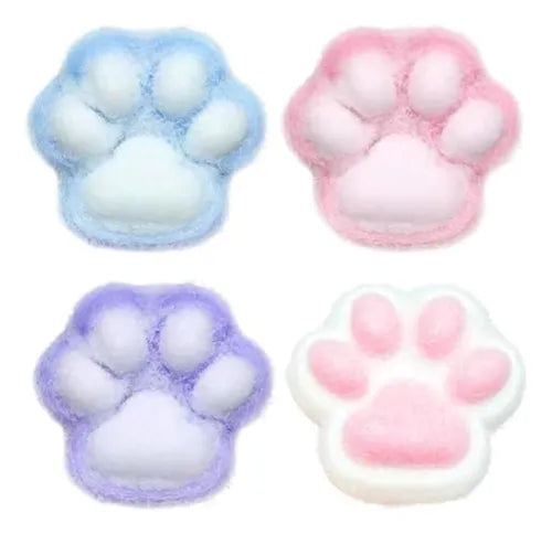 Four colorful cat paw-shaped pads on a white background