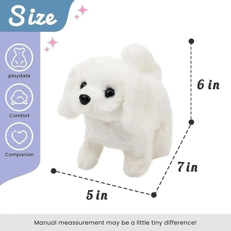 White plush dog toy with measurements on a white background