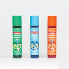 Three colorful bottles of soap on a white background