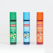 Three colorful bottles of soap on a white background