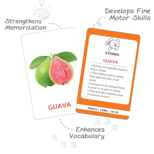 Storio guava educational card with fruit illustration and educational benefits text.