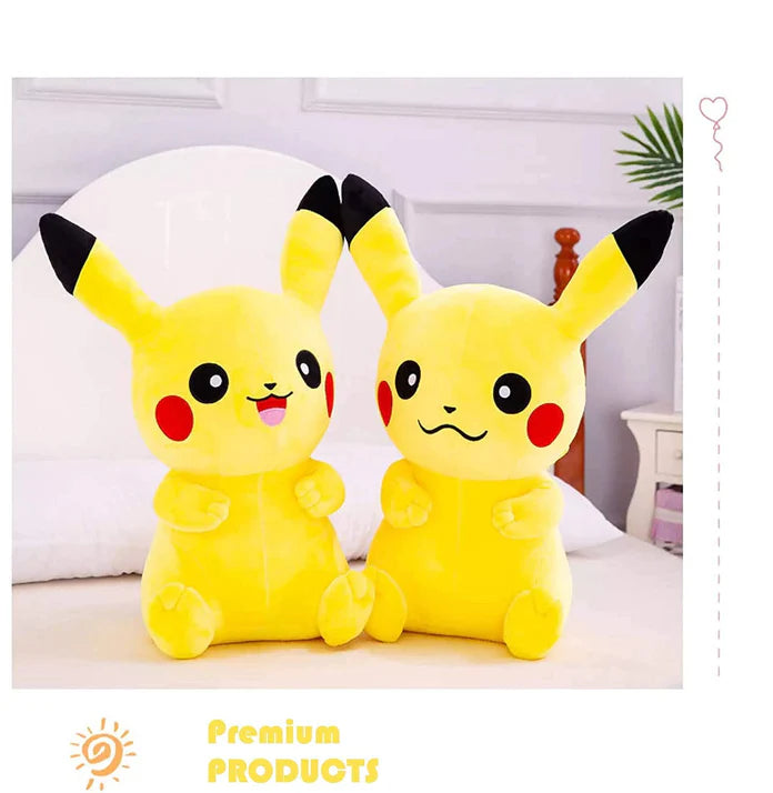Two Pikachu plush toys on a bed with a white background