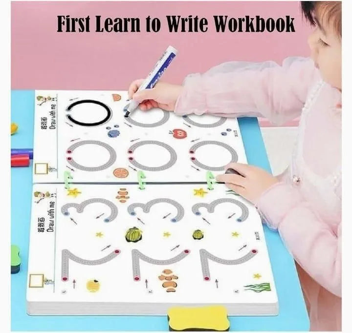 Child using a workbook with writing practice exercises on a pink and blue background