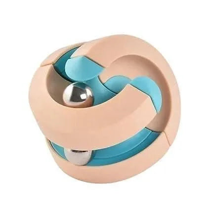 Pink and blue puzzle toy with metal balls on a white background