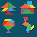 Colorful tangram pieces arranged to form various shapes on a blue background