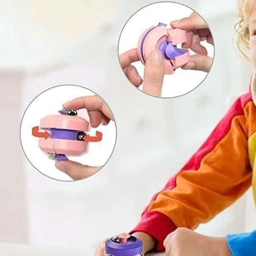 Child playing with a pink and purple toy, with close-up insets showing how it works.