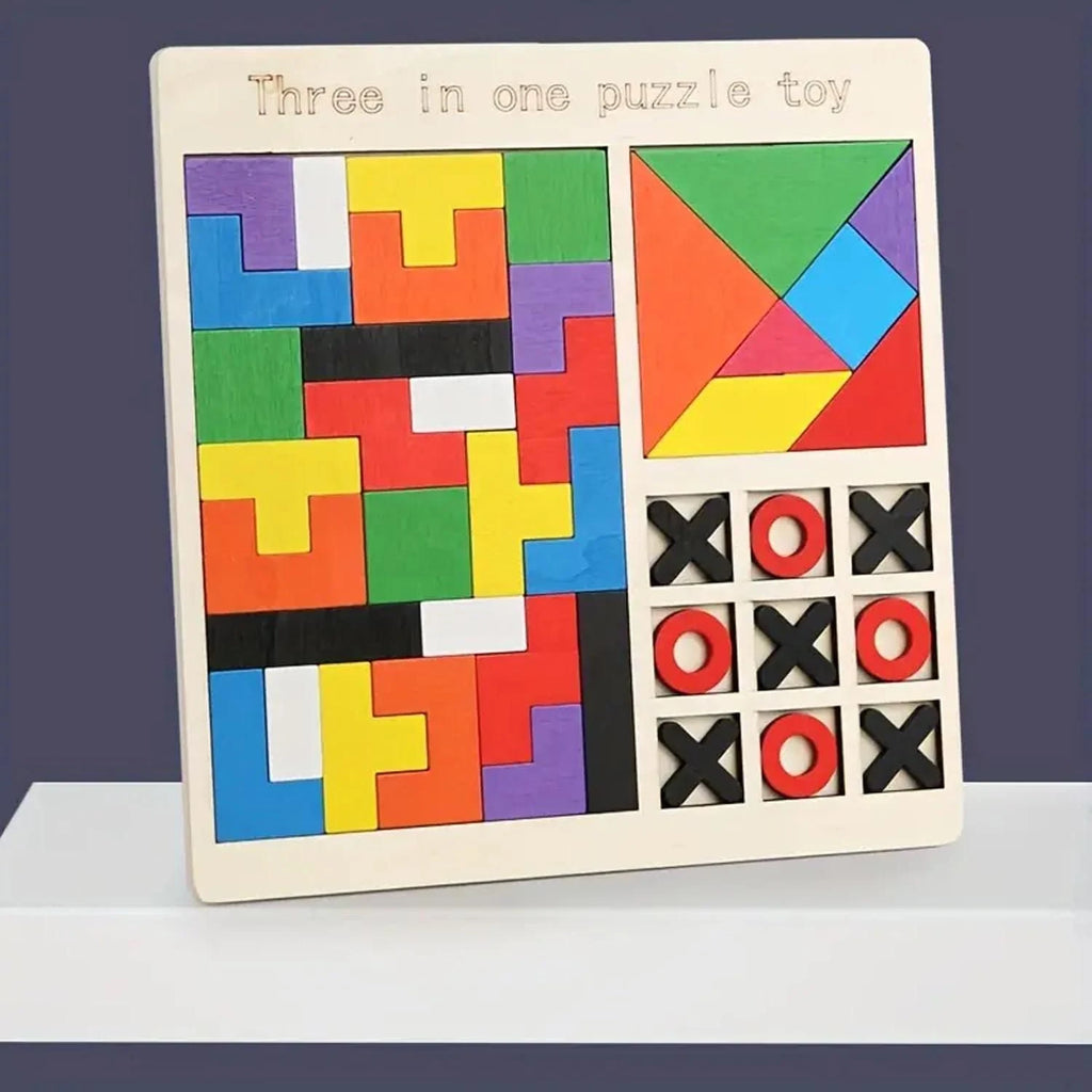 Three-in-one puzzle toy with colorful geometric shapes and tic-tac-toe grid on a white surface.