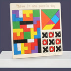 Three-in-one puzzle toy with colorful geometric shapes and tic-tac-toe grid on a white surface.