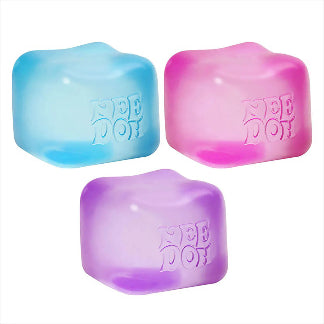 Three colorful ice cube-shaped dog toys with 'Nee Doo' branding on a white background.