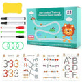 Educational materials for pen control training with markers, stickers, and a lion-themed box.