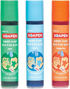 Three colorful hand soap pens for kids by Soapen on a white background.
