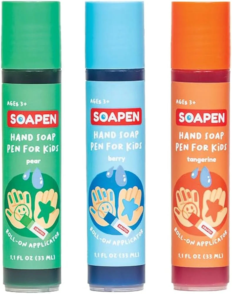 Three colorful hand soap pens for kids by Soapen on a white background.