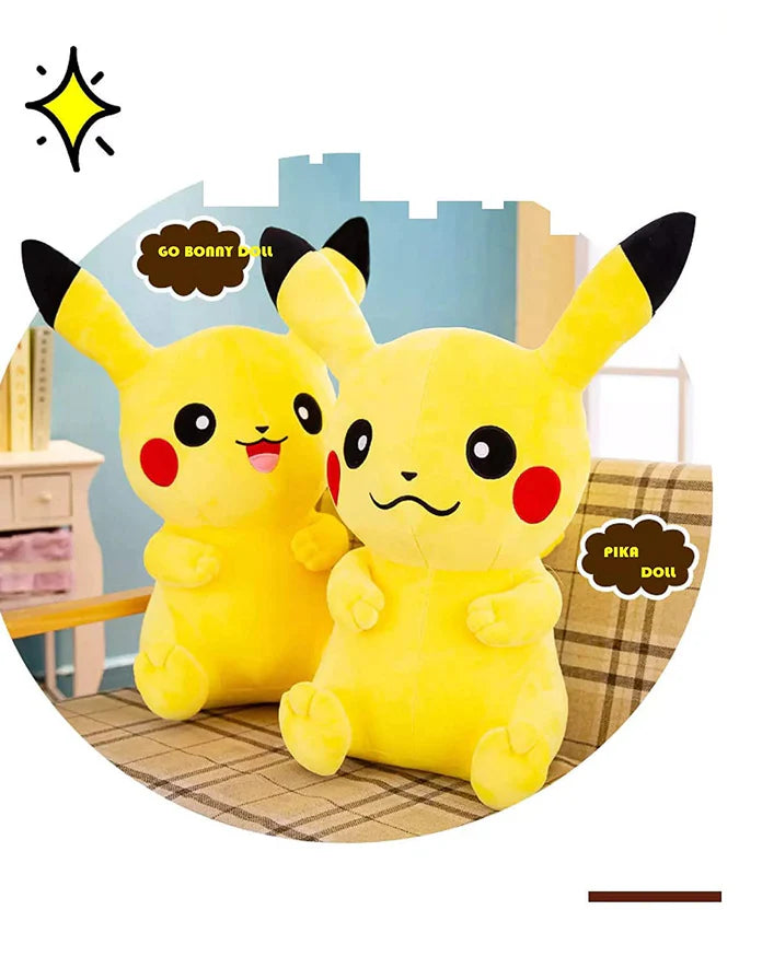Two Pikachu plush toys with a plaid background
