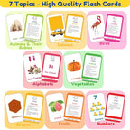 Set of educational flashcards with various topics including animals, colors, birds, alphabets, vegetables, shapes, fruits, and numbers.