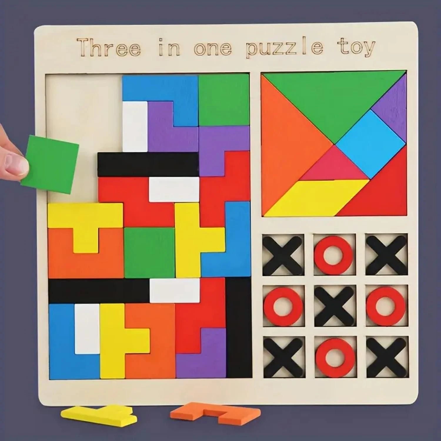 Three-in-one puzzle toy with colorful geometric shapes and tic-tac-toe board on a purple background.