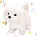 White plush dog toy with black eyes and nose on a white background