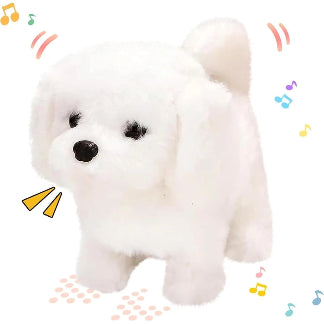 White plush dog toy with black eyes and nose on a white background