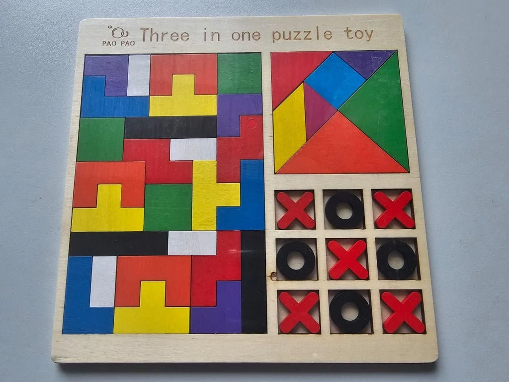 Three-in-one puzzle toy with geometric shapes and tic-tac-toe grid on a gray background